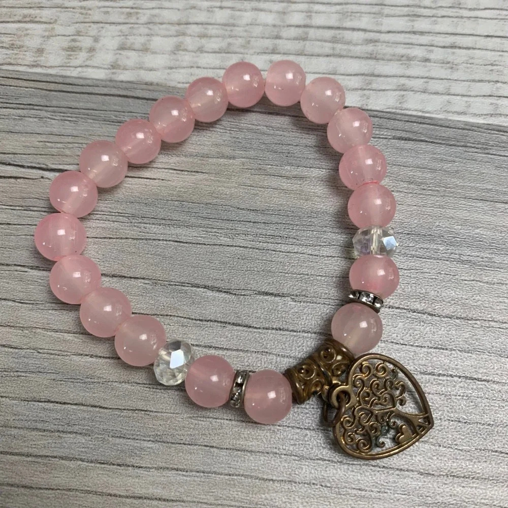 Pink Beaded Stretch Bracelet Tree of Life Heart Charm Bronze Tone Boho 6.5in